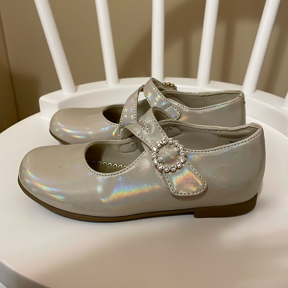 Girls’ Dress Shoes - Size 10 - Silver Iridescent Finish with Rhinestone Buckle